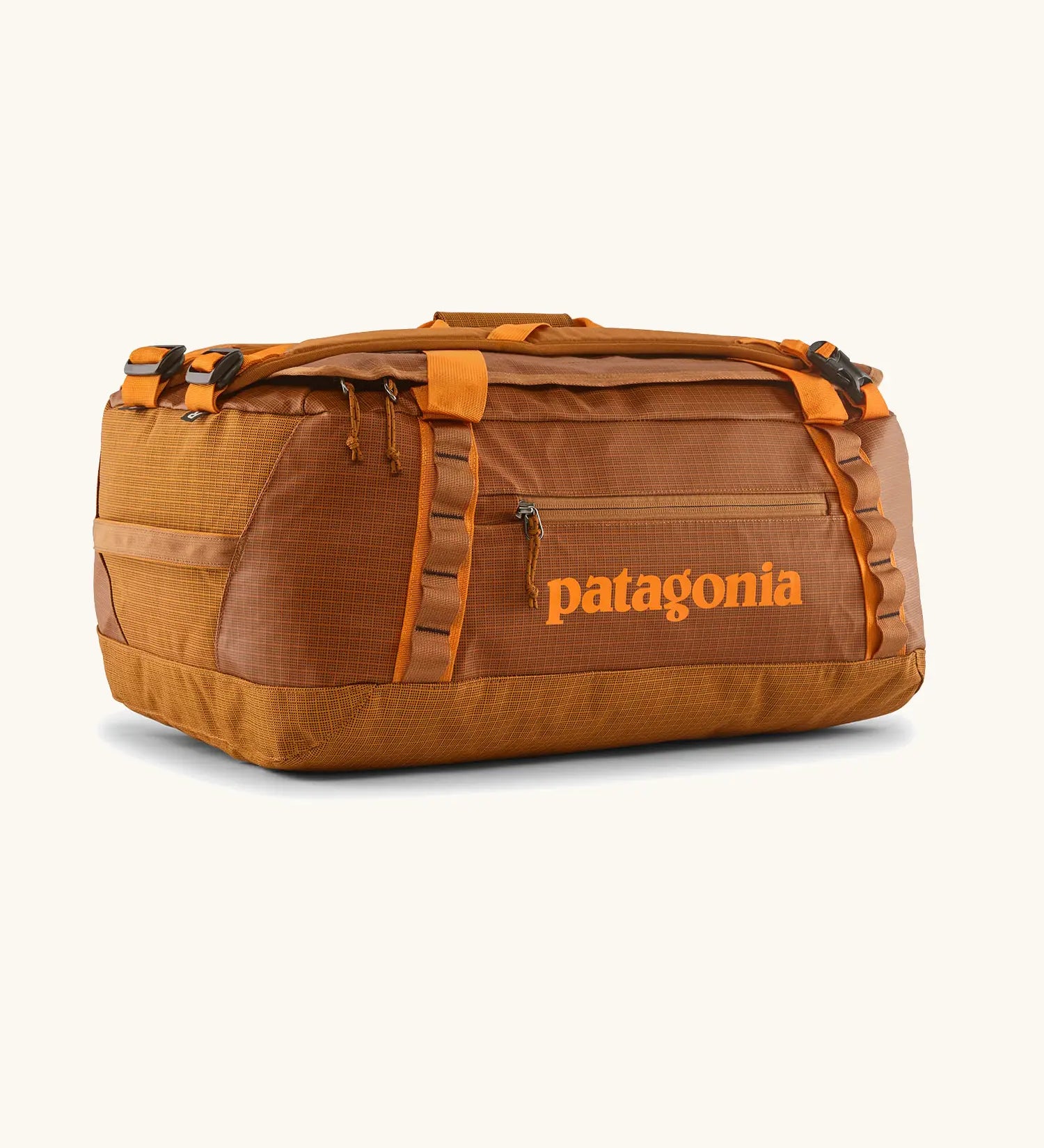 Patagonia black hole 40l duffel bag in cinnamon brown with matching zip details, carry straps and orange logo printed on the side