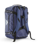 A close up of the Patagonia black hole 40l duffel bag in current blue available at Babipur showing the shoulder straps and carry straps detail