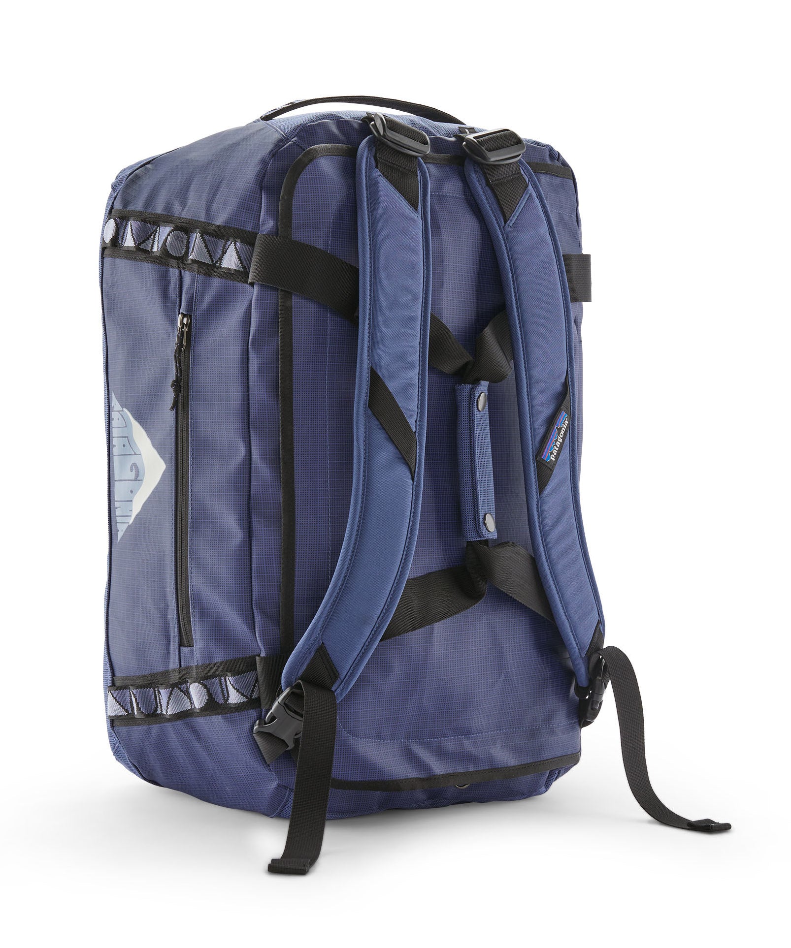 A close up of the Patagonia black hole 40l duffel bag in current blue available at Babipur showing the shoulder straps and carry straps detail
