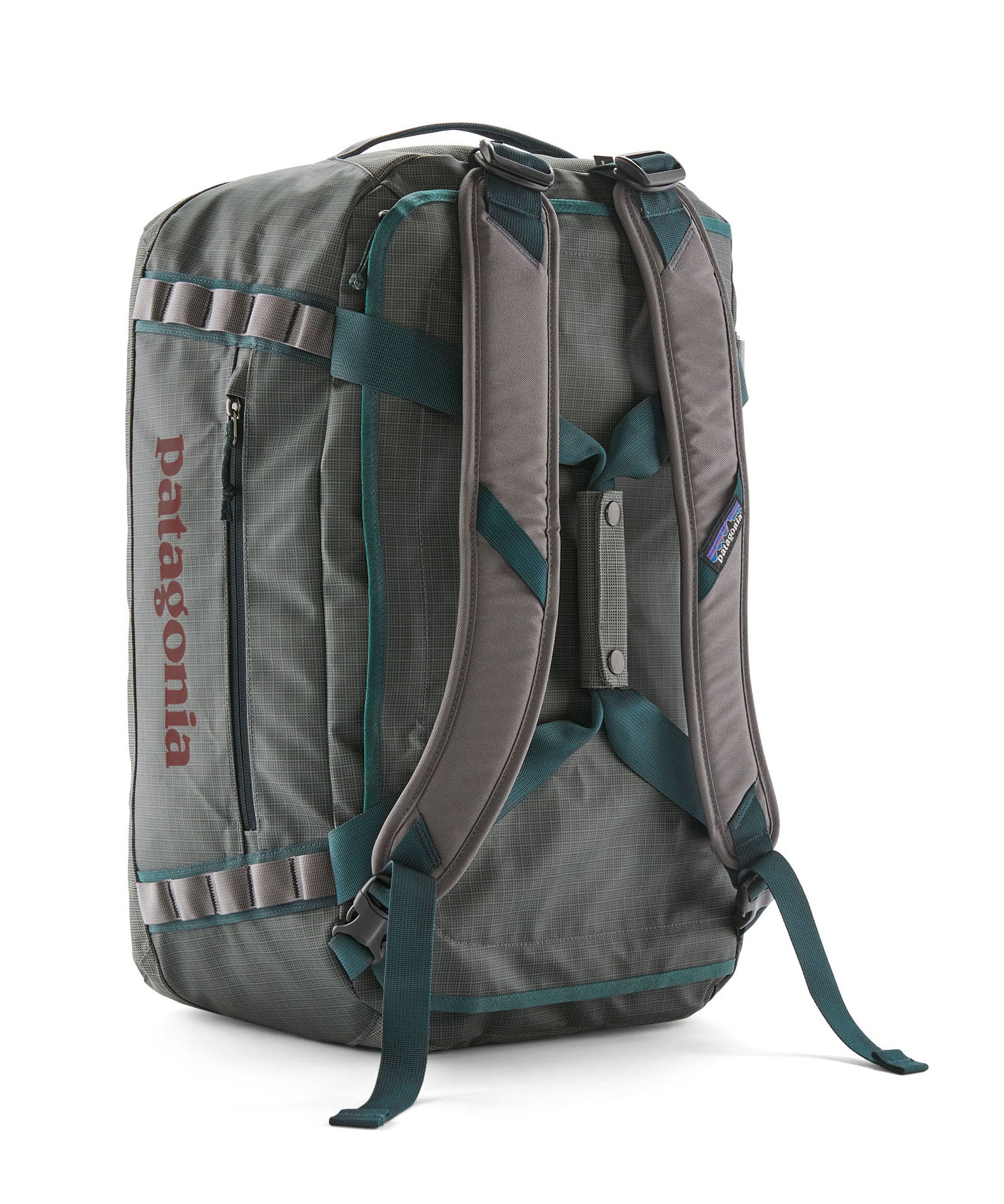 A close up of the Patagonia black hole 40l duffel bag in noble grey available at Babipur showing the shoulder straps and carry straps detail