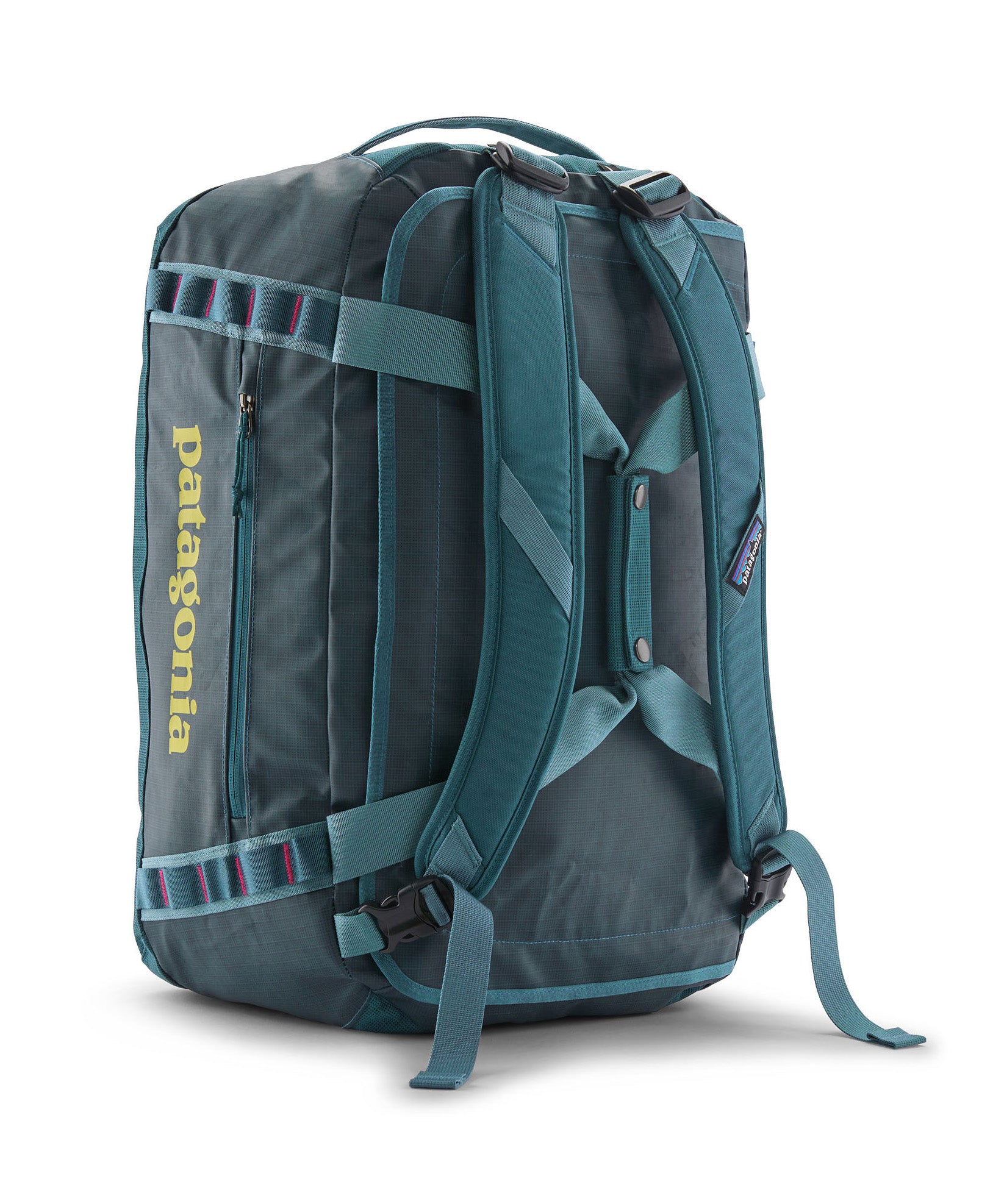 A close up of the Patagonia black hole 40l duffel bag in tidal teal / luminous pink available at Babipur showing the shoulder straps and carry straps detail