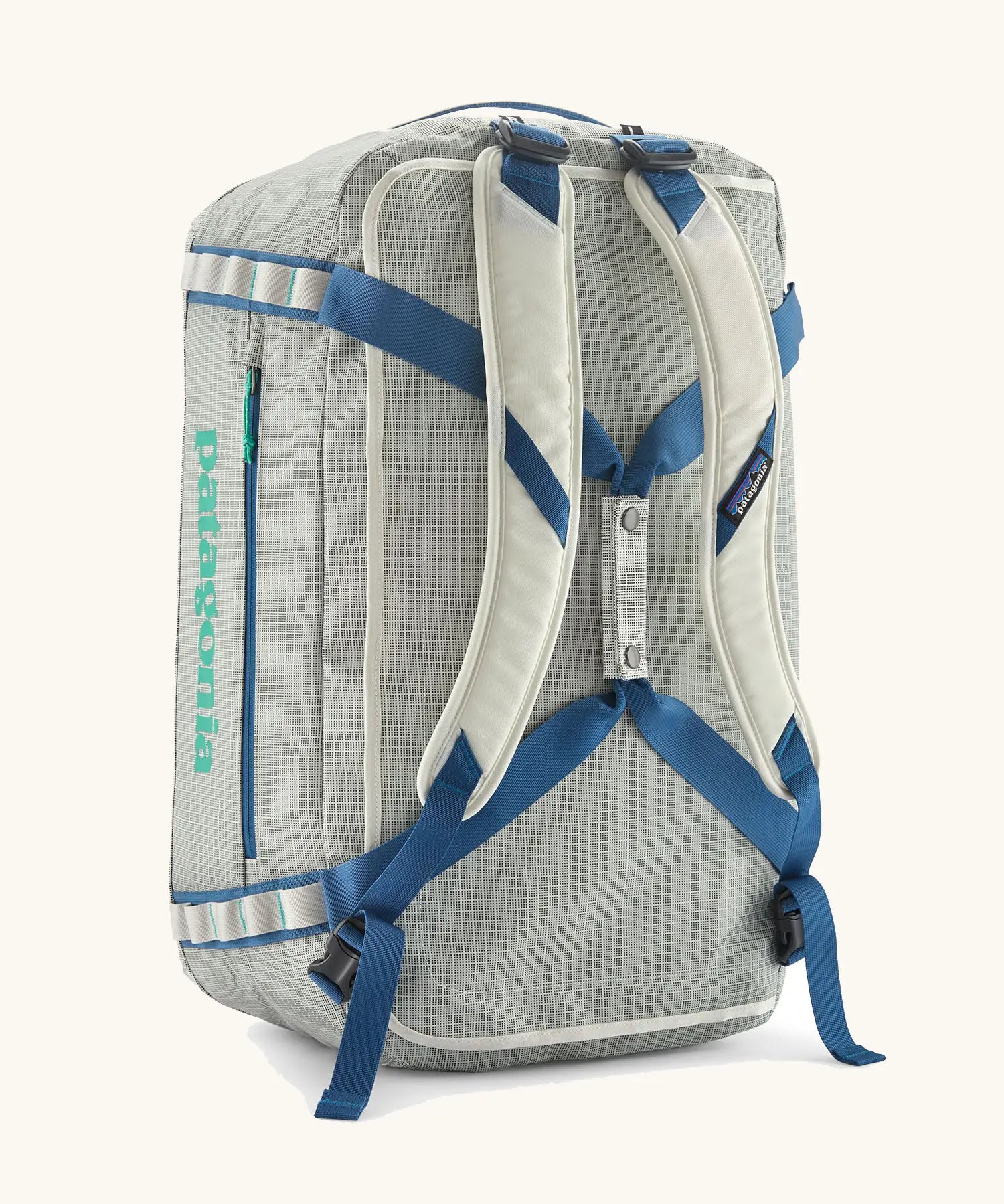 Patagonia black hole 55L duffel bag  in birch white with padded back straps.