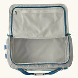 An open Patagonia black hole 55l duffel bag in birch white showing zipped compartment on the inside of the lid