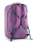 A close up of the Patagonia black hole 55L duffel bag in brisk purple available at Babipur showing the shoulder straps and carry straps detail