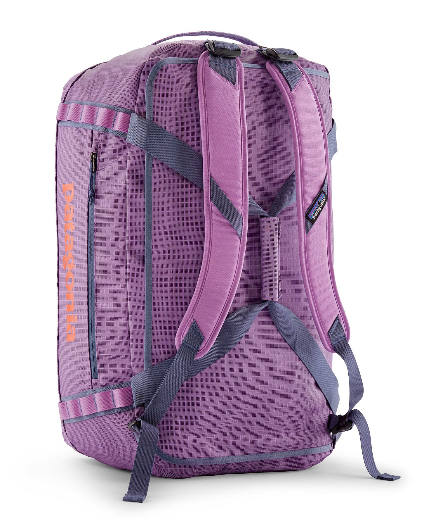 A close up of the Patagonia black hole 55L duffel bag in brisk purple available at Babipur showing the shoulder straps and carry straps detail