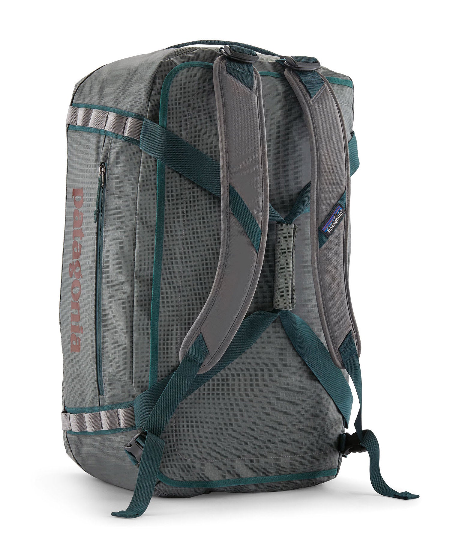 A close up of the Patagonia black hole 55L duffel bag in noble grey available at Babipur showing the shoulder straps and carry straps detail