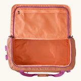 Open Patagonia black hole 55l duffel bag in bright orange showing extra zipped mesh compartments on inside lid