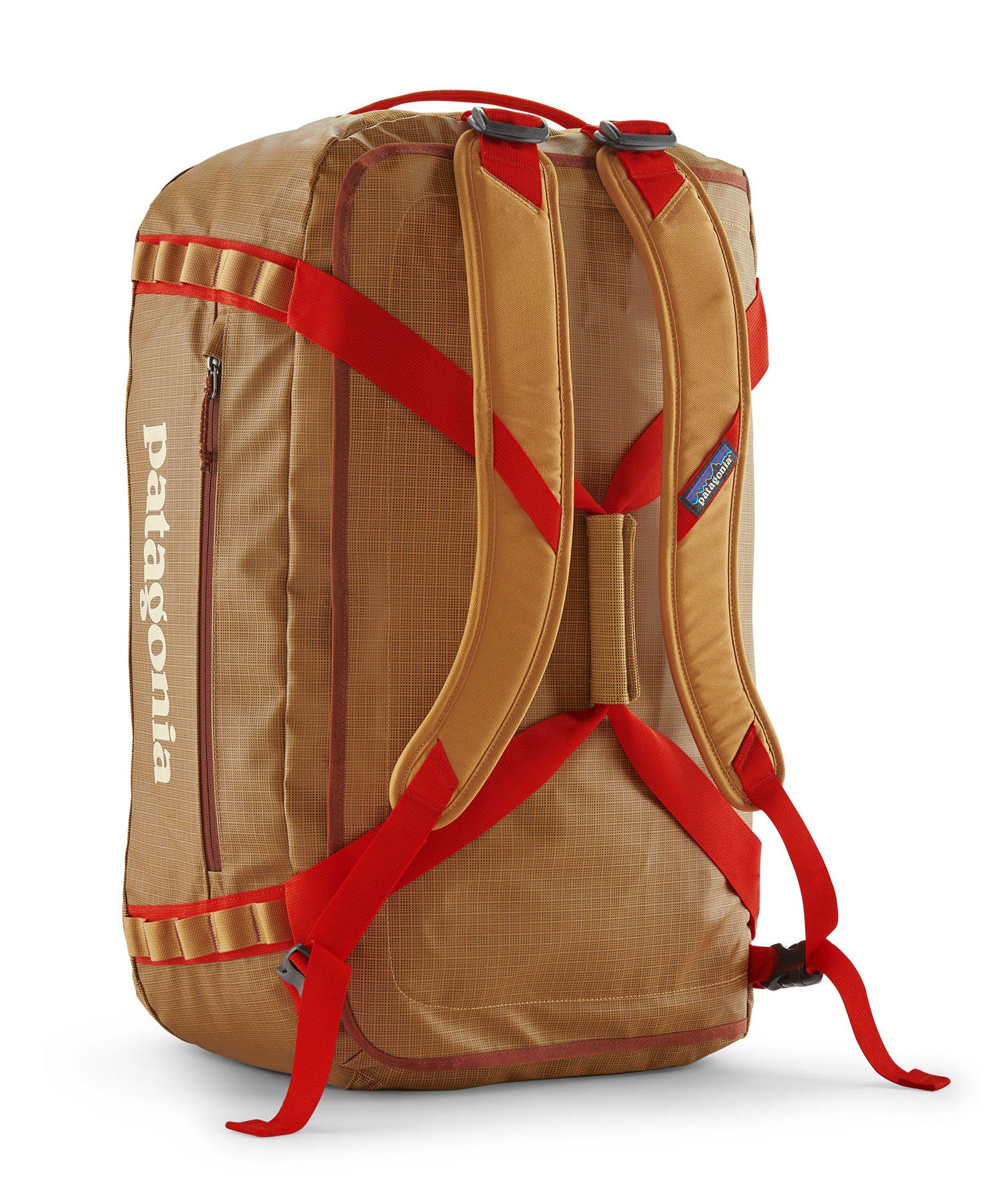 A close up of the Patagonia black hole 55L duffel bag in talon gold available at Babipur showing the shoulder straps and carry straps detail