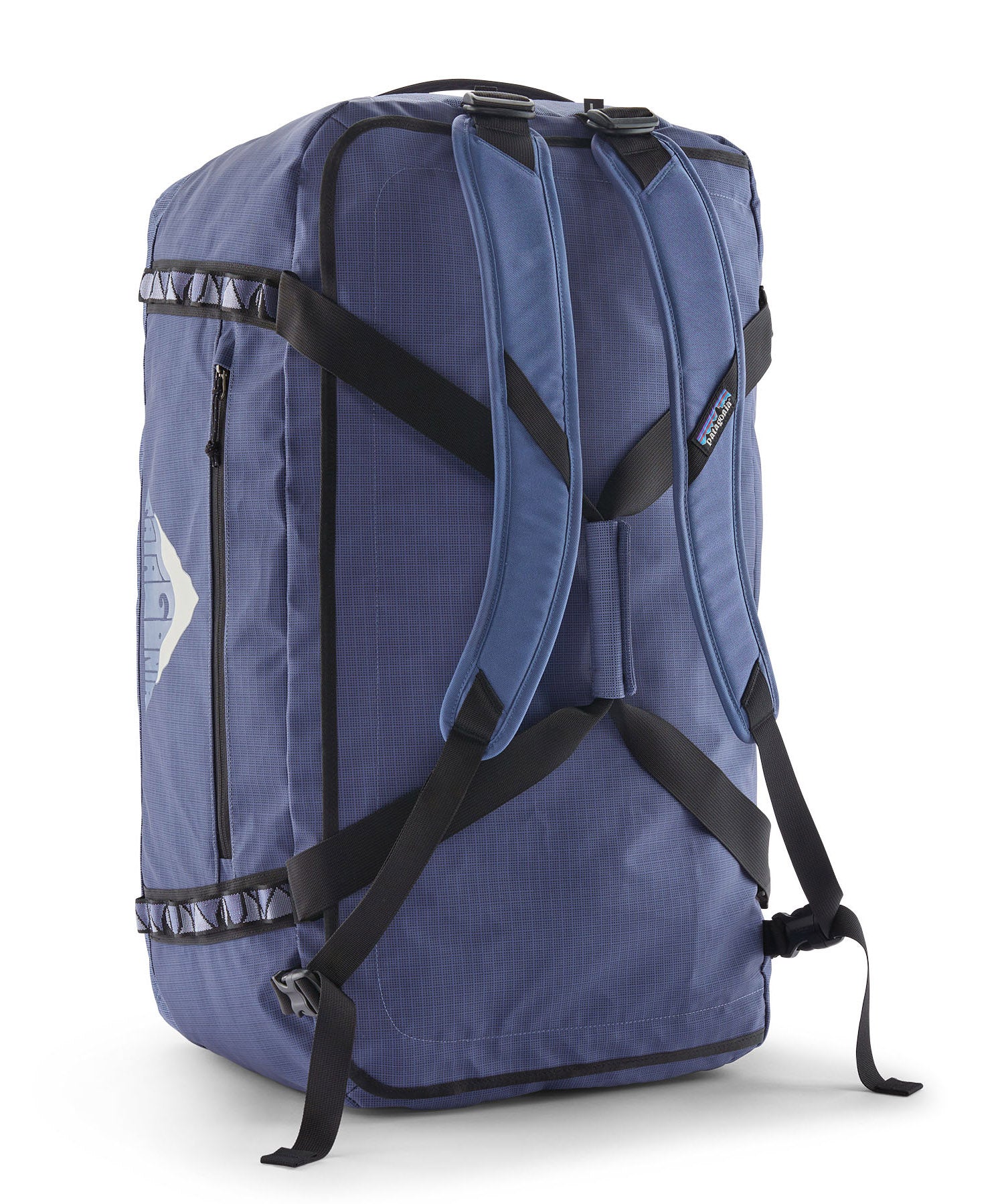 A close up of the Patagonia black hole 70L duffel bag in current blue available at Babipur showing the shoulder straps and carry straps detail