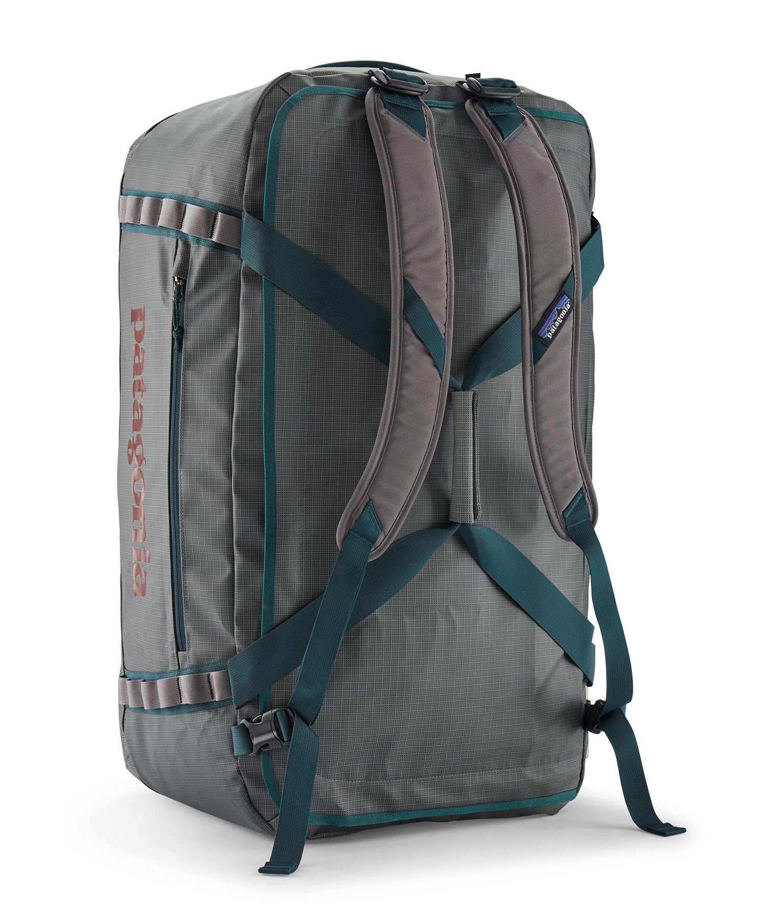 A close up of the Patagonia black hole 70L duffel bag in noble grey available at Babipur showing the shoulder straps and carry straps detail