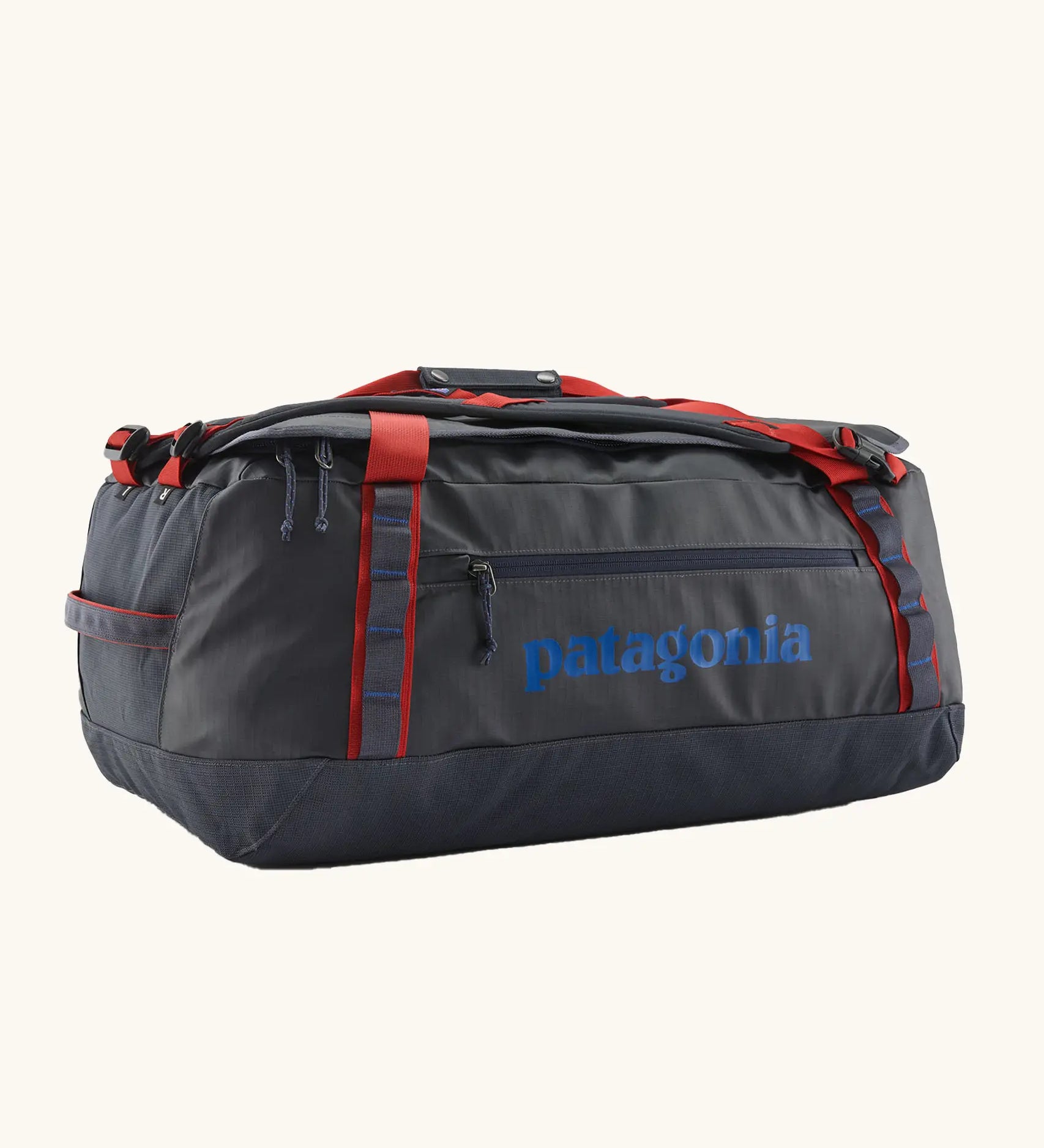 Patagonia black hole 55L duffel bag in Smolder Blue w/ red. Red strap details and blue printed logo. 