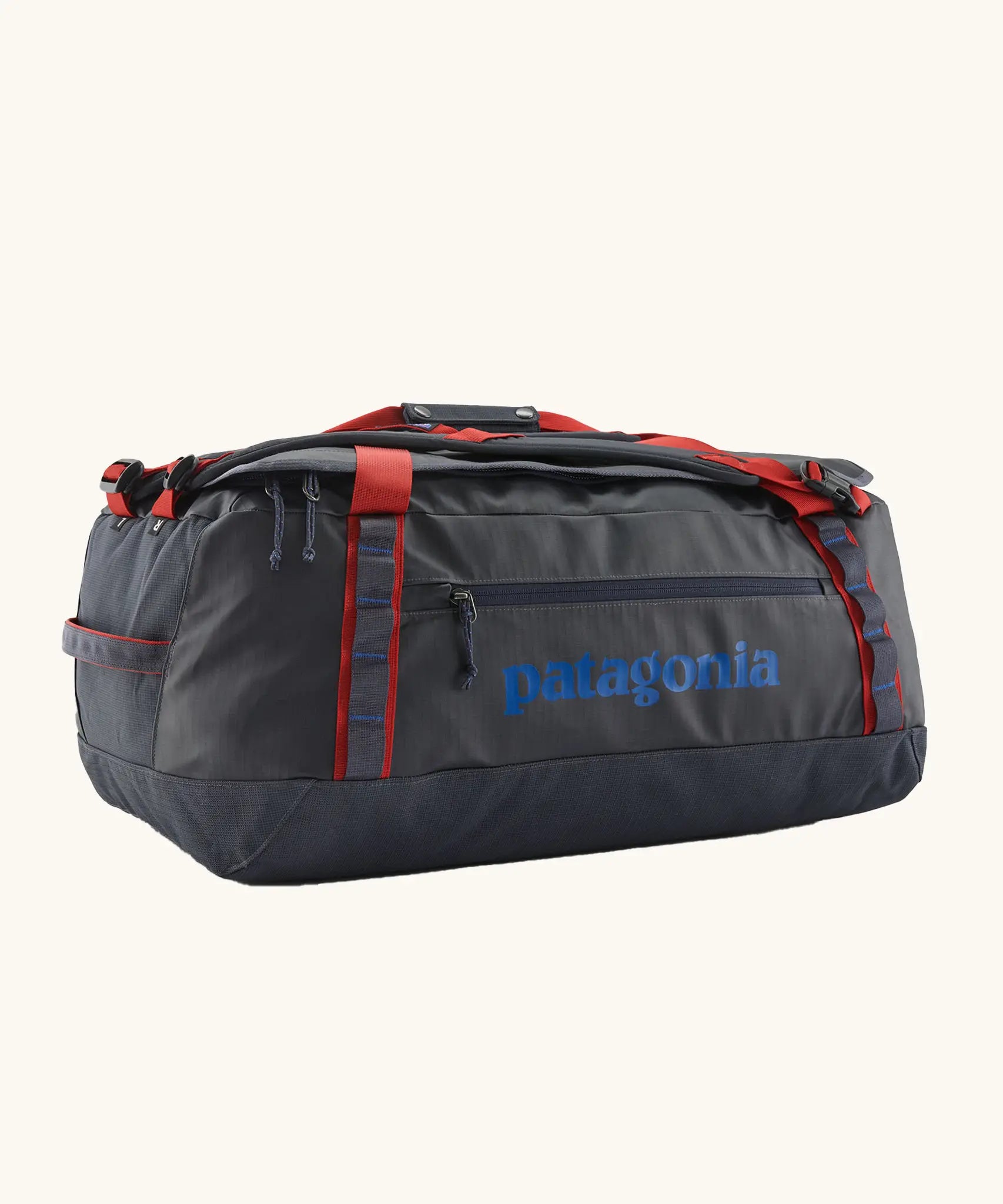 Patagonia black hole 55L duffel bag in Smolder Blue w/ red. Red strap details and blue printed logo. 
