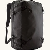 Patagonia 45 litre black hole weather resistant travel backpack in all black. Features padded shoulder pads, zipper fasteners and a carry handle