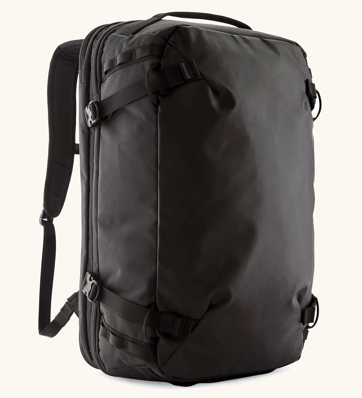 Patagonia 45 litre black hole weather resistant travel backpack in all black. Features padded shoulder pads, zipper fasteners and a carry handle
