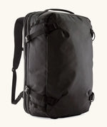 Patagonia 45 litre black hole weather resistant travel backpack in all black. Features padded shoulder pads, zipper fasteners and a carry handle