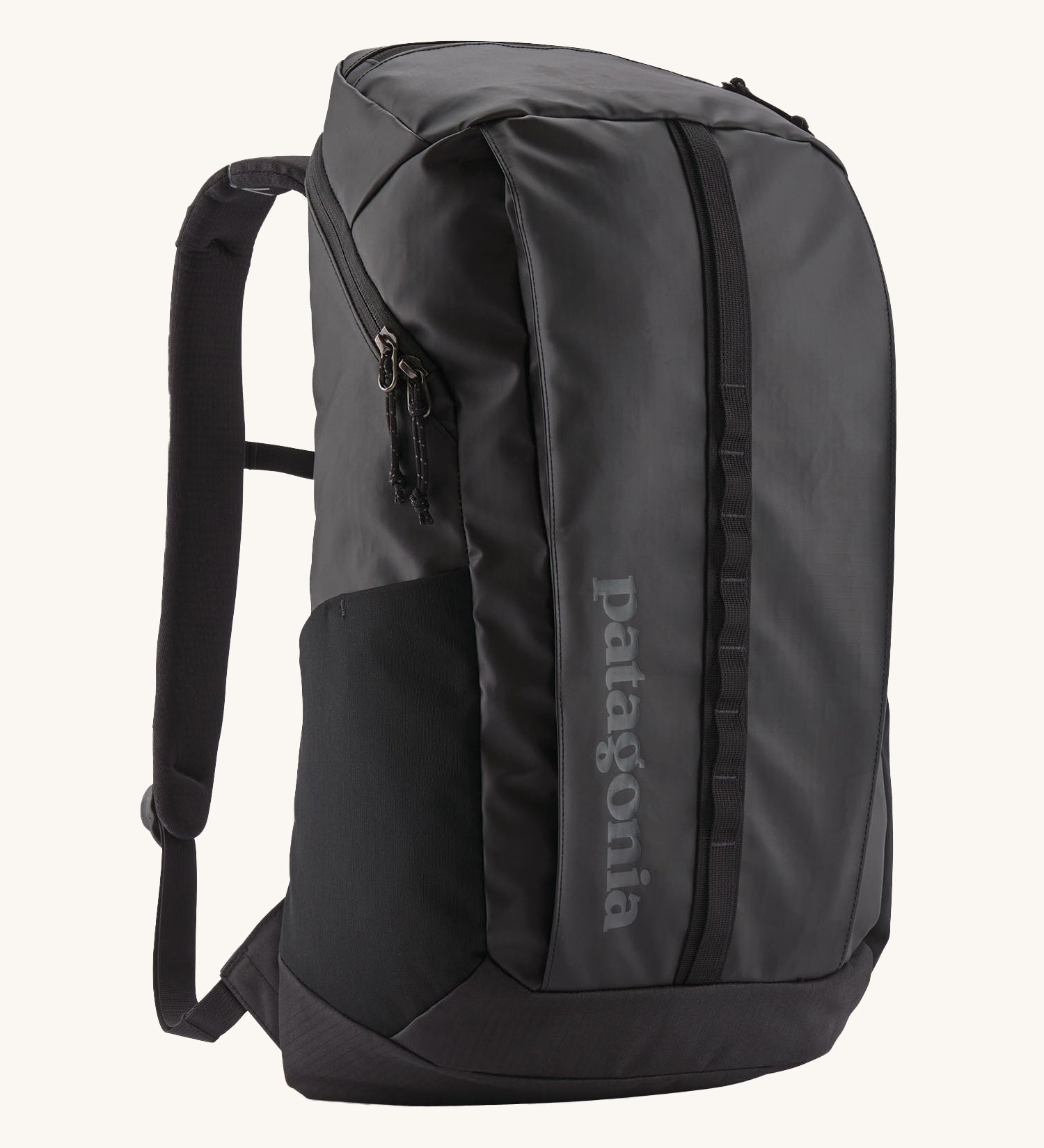 A Patagonia Black Hole Backpack 25 litre capacity backpack in all black available at Babipur. This backpack features a main zipped compartment, a compartment on the top and meshed side pockets.