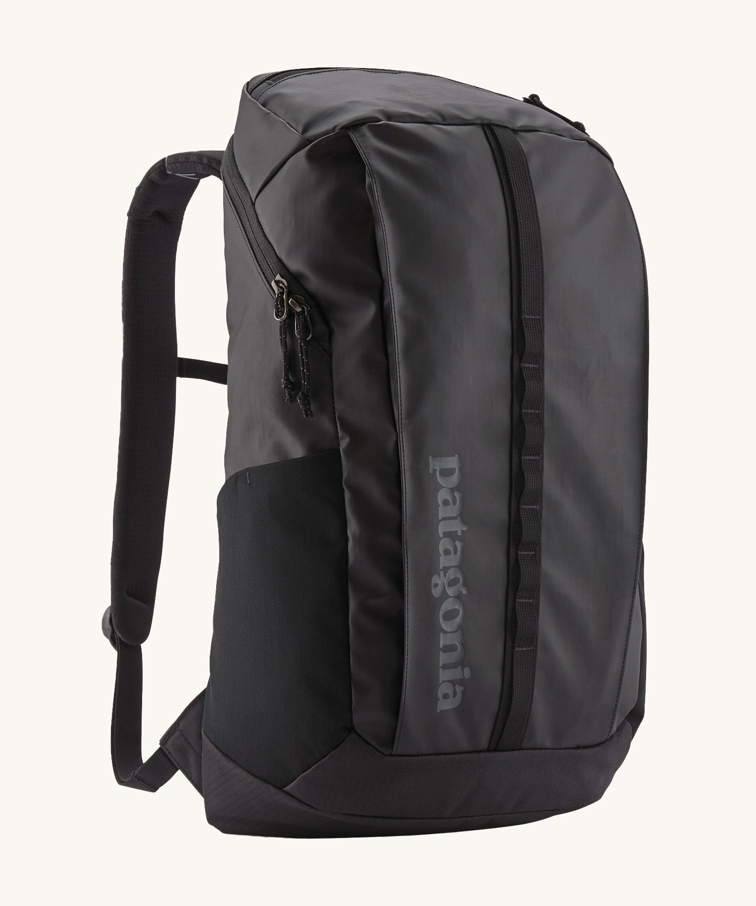 A Patagonia Black Hole Backpack 25 litre capacity backpack in all black available at Babipur. This backpack features a main zipped compartment, a compartment on the top and meshed side pockets.