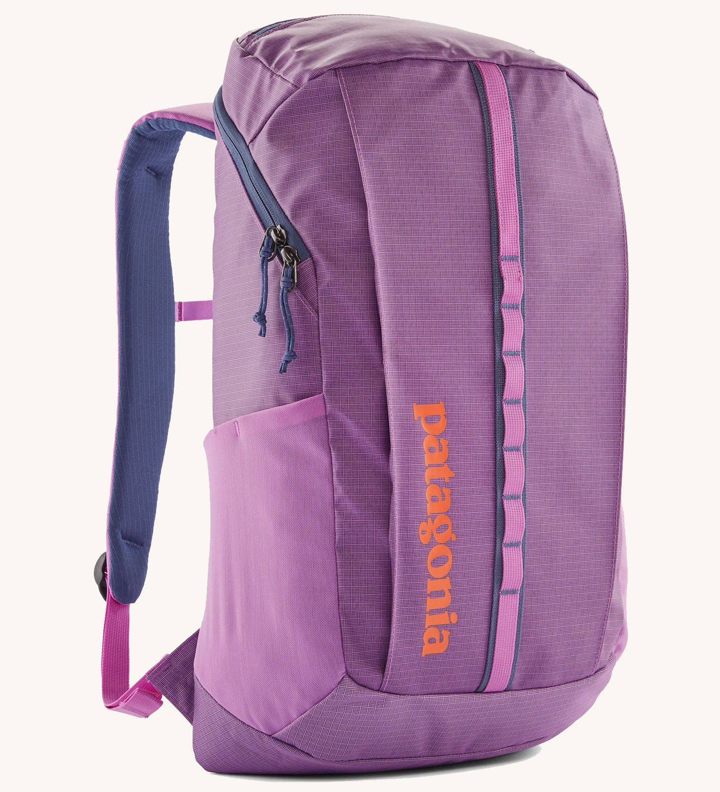 Patagonia black hole 25 litre backpack in brisk purple available at Babipur. A bright purple backpack with padded shoulders, mesh side pocket, 2 main zippped compartments with branding text on the front in orange
