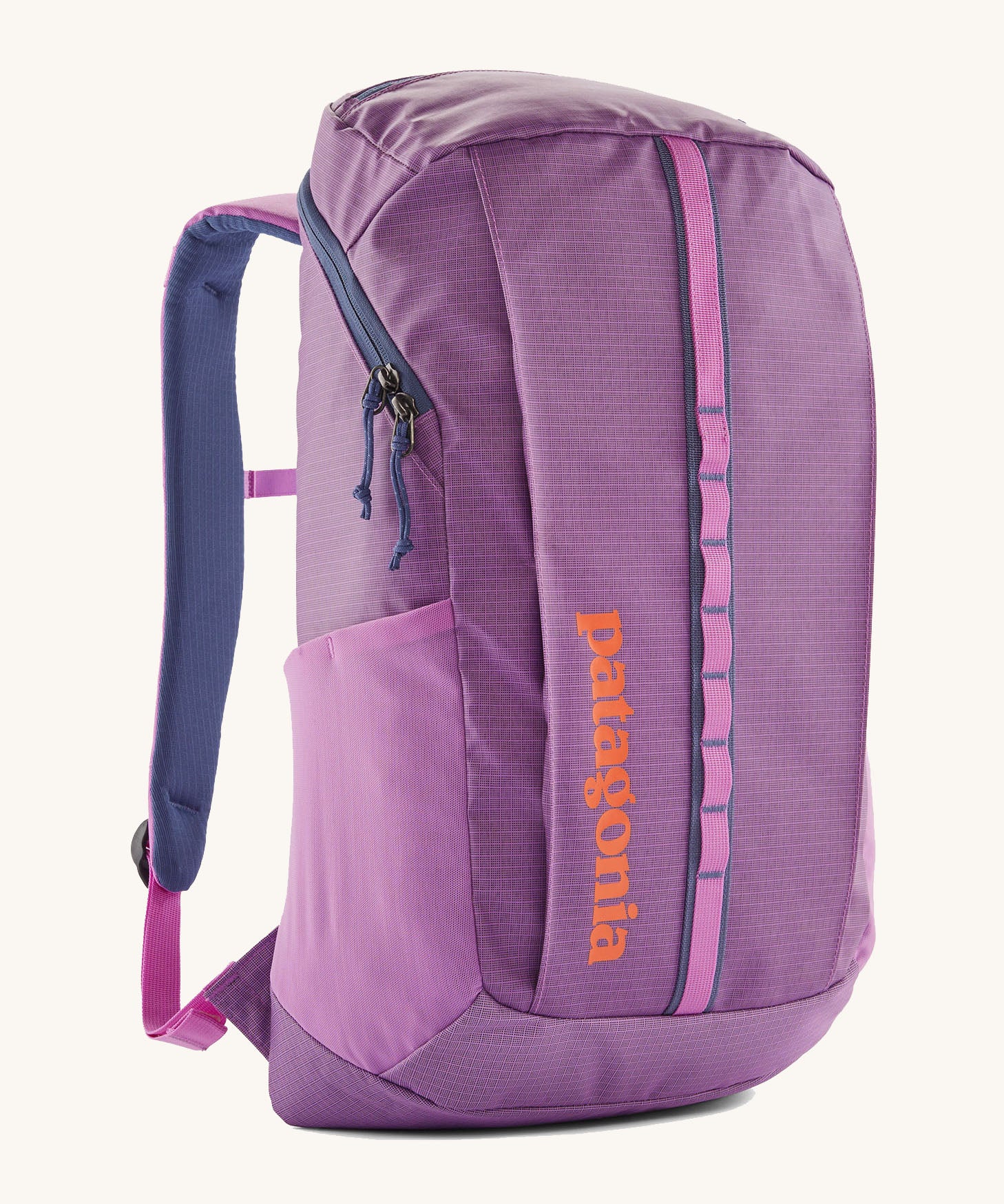 Patagonia black hole 25 litre backpack in brisk purple available at Babipur. A bright purple backpack with padded shoulders, mesh side pocket, 2 main zippped compartments with branding text on the front in orange