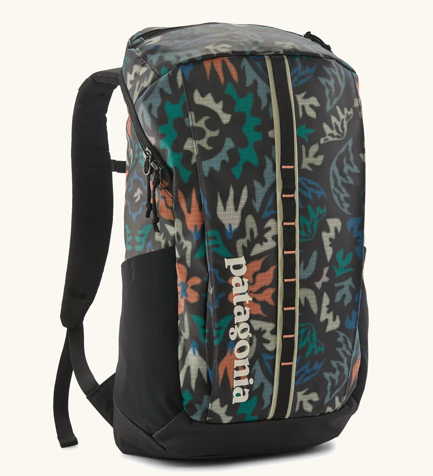 Patagonia black hole backpack 25L in black with repeating abstract pattern design. Shows zipped compartment and mesh side pocket