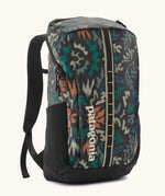 Patagonia black hole backpack 25L in black with repeating abstract pattern design. Shows zipped compartment and mesh side pocket