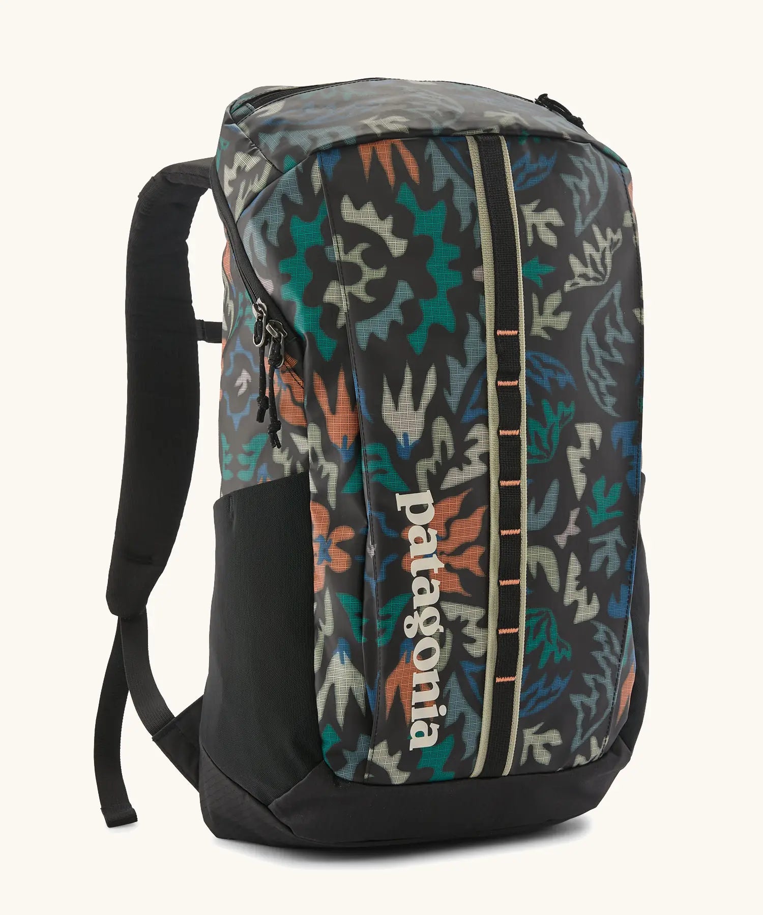 Patagonia black hole backpack 25L in black with repeating abstract pattern design. Shows zipped compartment and mesh side pocket