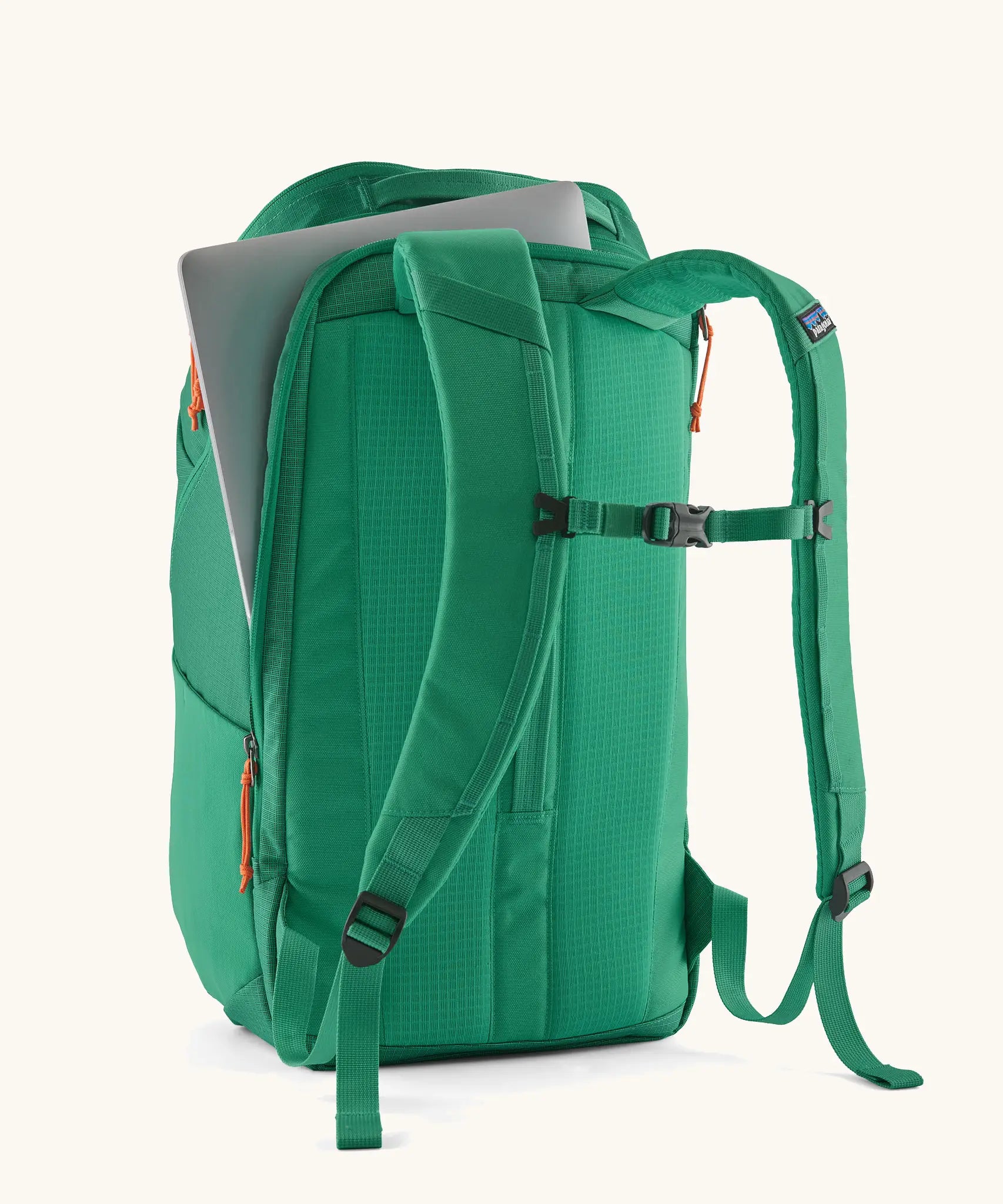 Back of Patagonia black hole backpack 32L in bright green showing laptop inside main zipped compartment 