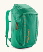 Patagonia black hole backpack 32L in bright green with zipped compartment and mesh side pocket