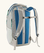 Back of Patagonia black hole backpack 32L in light grey and blue trim 