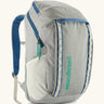 Patagonia black hole backpack 32L in light grey and blue trim with zipped compartment and mesh side pocket