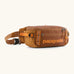 Patagonia 100% recycled nylon black hole waist 5L pack in cinnamon brown showing 2 compartments with mesh side pockets and buckle fastener 