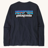 Patagonia L/S P-6 Logo Responsibili-Tee - New Navy with the Patagonia mountain range logo on the back