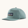 Patagonia boardshort label funfarer cap in sage blue with wave logo patch on front panel. 