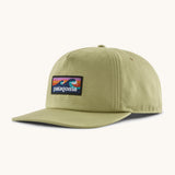 Patagonia boardshort label funfarer cap in light green with wave logo patch on front panel.