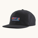 Patagonia boardshort label funfarer cap in black with wave logo patch on front panel.