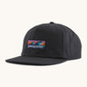 Patagonia boardshort label funfarer cap in black with wave logo patch on front panel.