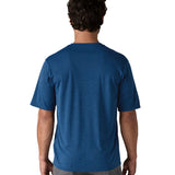 The back of the Patagonia blue capilene cool daily short sleeve tshirt in clement worn by a man and available at Babipur