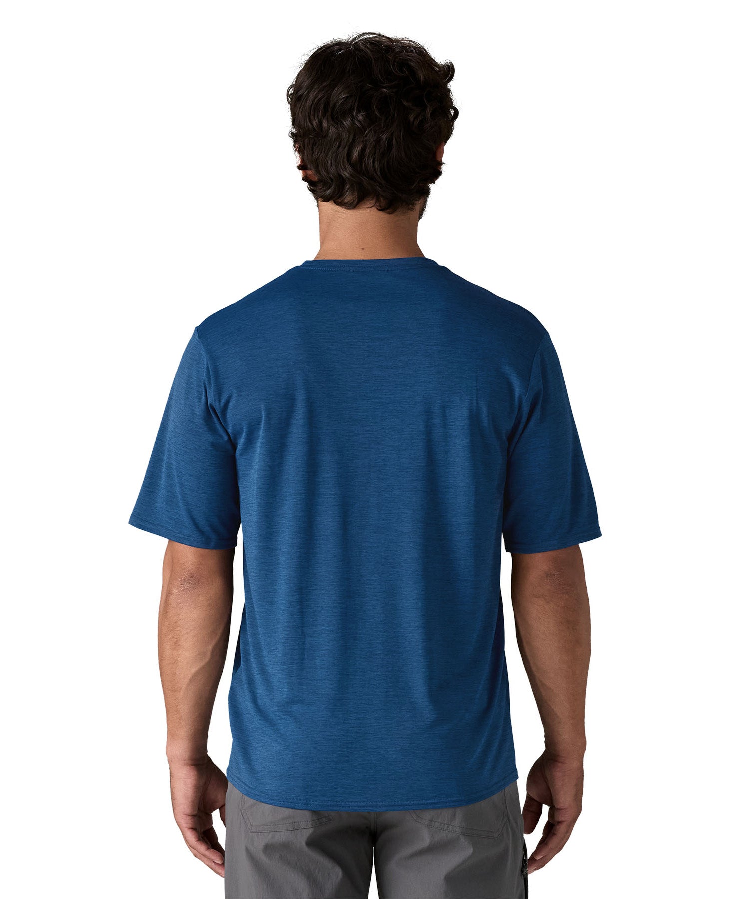 The back of the Patagonia blue capilene cool daily short sleeve tshirt in clement worn by a man and available at Babipur