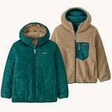 Patagonia kids reversible ready freddy hoody in cascade green next to the alternative thick pile fleece jacket.