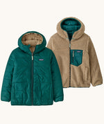 Patagonia kids reversible ready freddy hoody in cascade green next to the alternative thick pile fleece jacket.