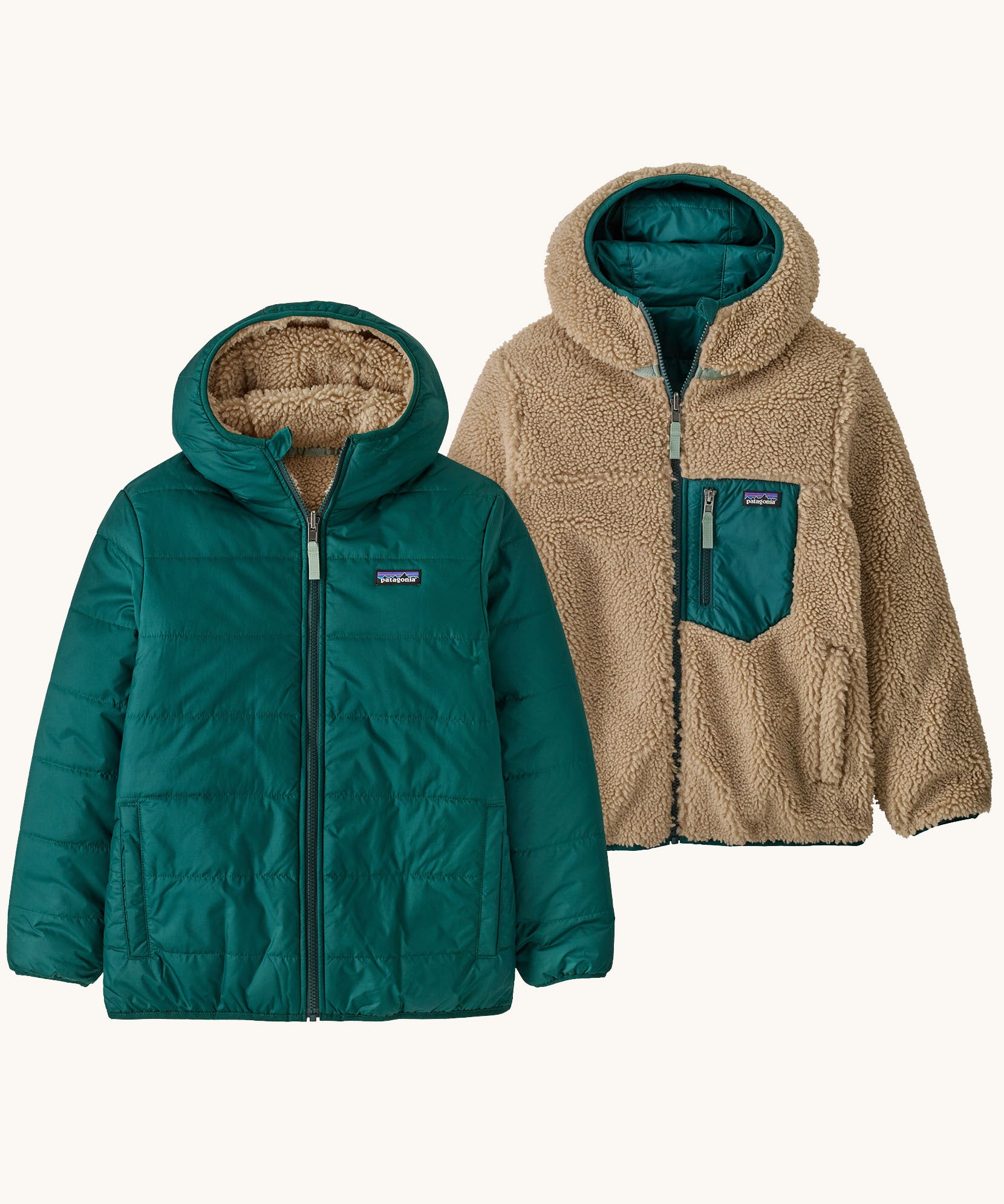 Patagonia kids reversible ready freddy hoody in cascade green next to the alternative thick pile fleece jacket.