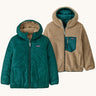 Patagonia kids reversible ready freddy hoody in cascade green next to the alternative thick pile fleece jacket.