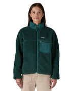 Patagonia classic retro x women's jacket in cascade green available at Babipur. A thick  warm teddy style fleece in dark green. Features a turn up collar, full length zip, 2 side pockets and a easy access chest pocket. 
