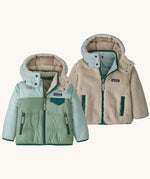 Patagonia little kids tribbles hoody. A reversible coat showing a blue and green hooded coat and natural fleece alternative side. Features a small chest pocket and side pockets