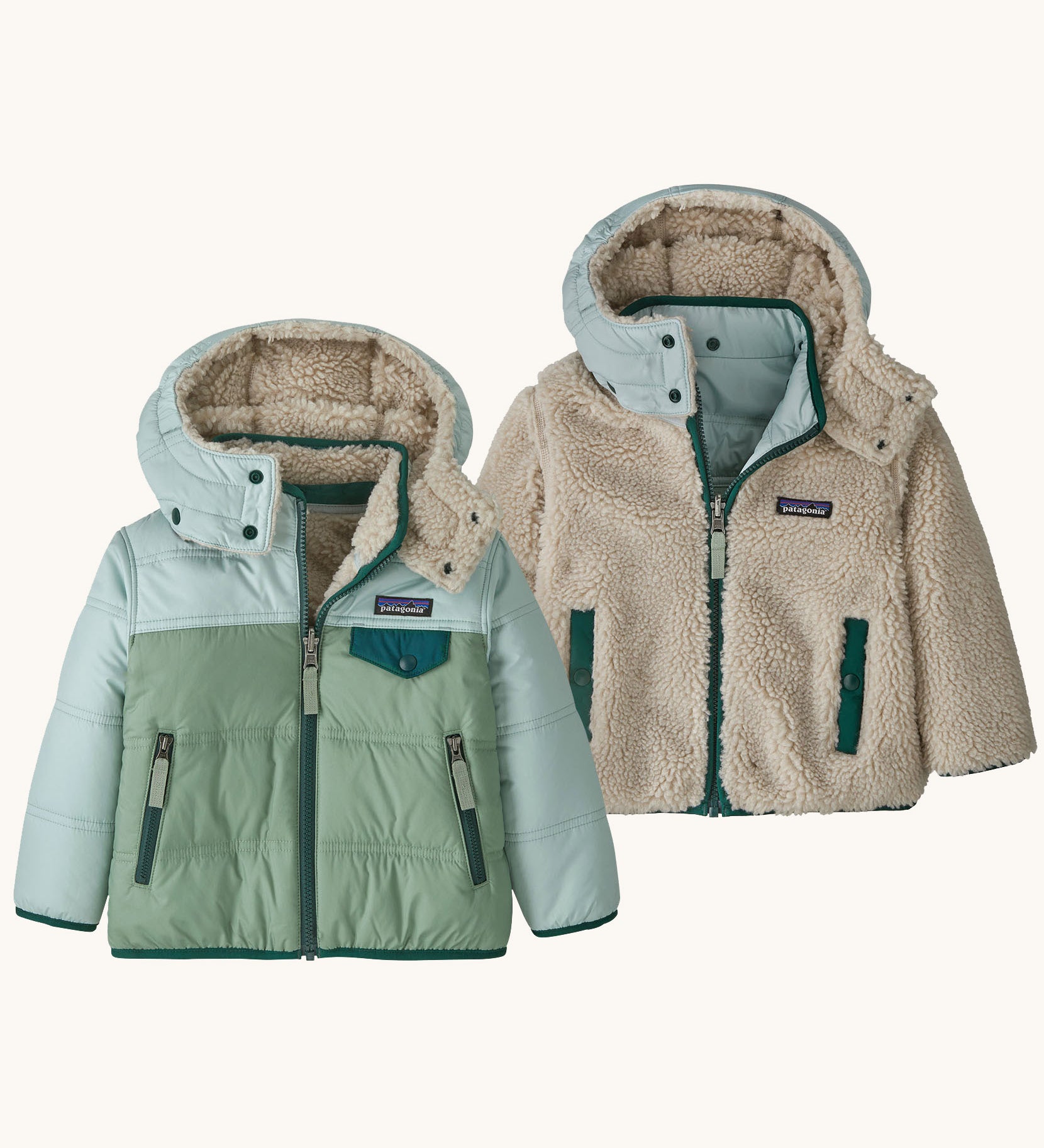 Patagonia little kids tribbles hoody. A reversible coat showing a blue and green hooded coat and natural fleece alternative side. Features a small chest pocket and side pockets