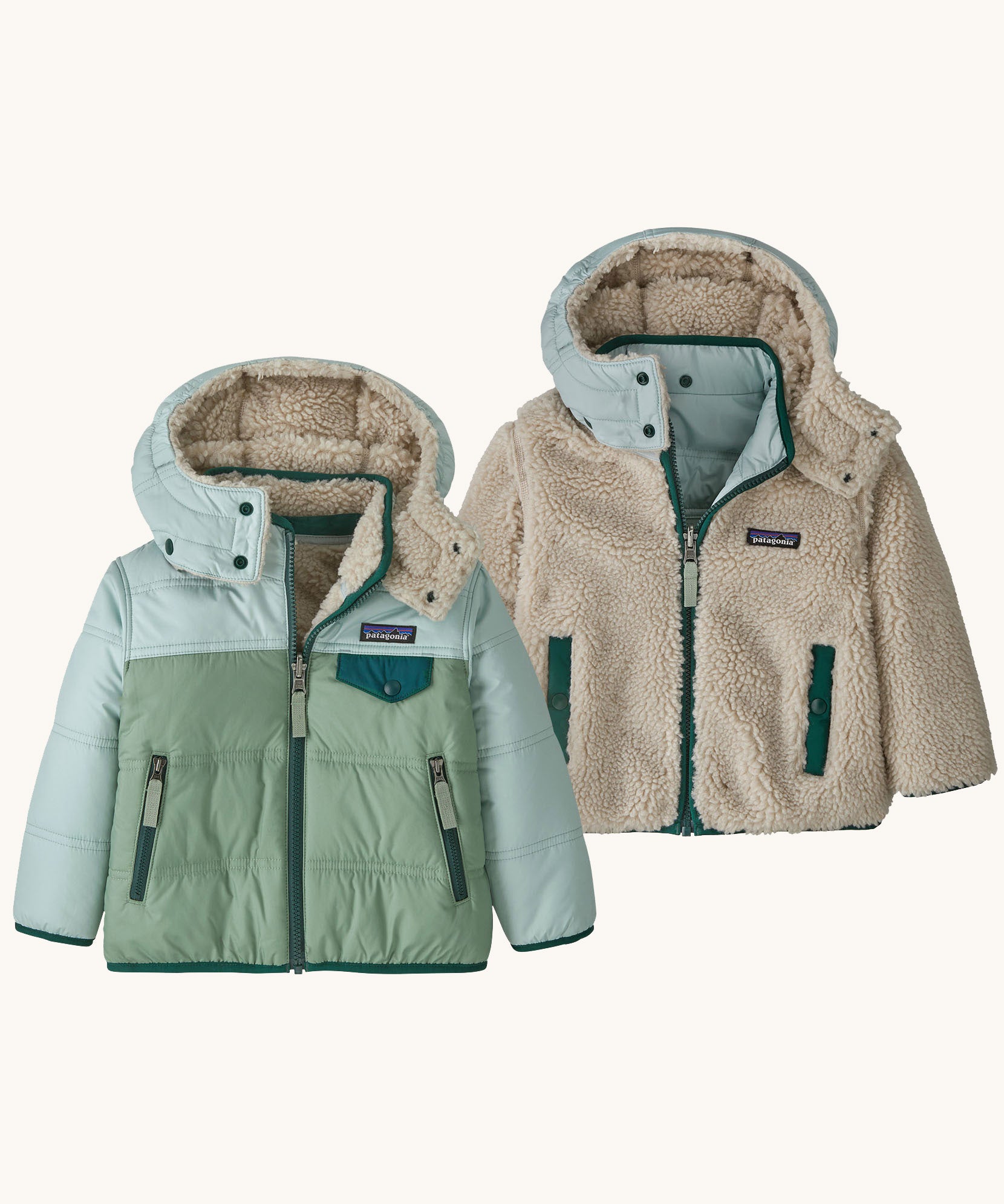 Patagonia little kids tribbles hoody. A reversible coat showing a blue and green hooded coat and natural fleece alternative side. Features a small chest pocket and side pockets