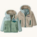 Patagonia little kids tribbles hoody. A reversible coat showing a blue and green hooded coat and natural fleece alternative side. Features a small chest pocket and side pockets