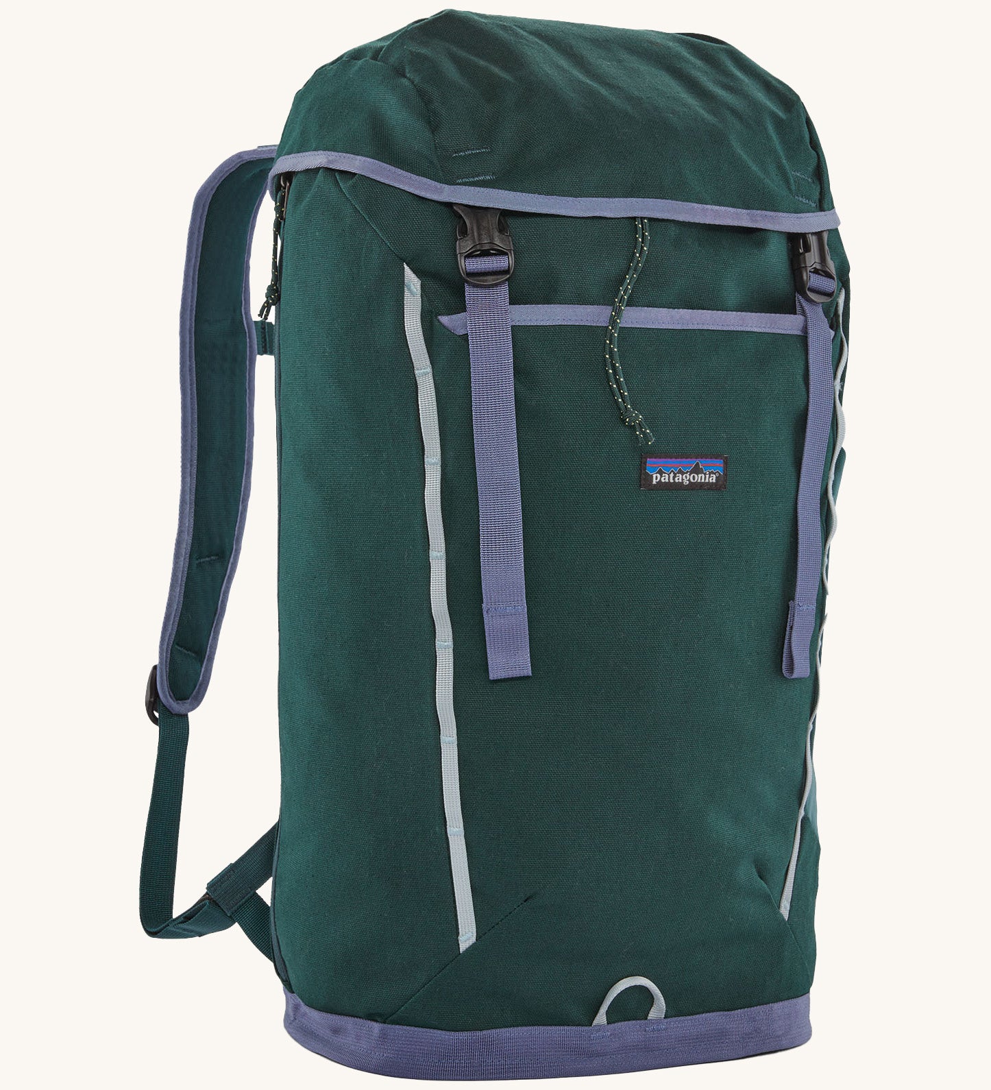Patagonia lid fieldsmith lid backpack in cascade green. A 100% recycled material backpack in deep green and pale blue detail. Features a lid style top cover with buckle fastenings and padded shoulder straps