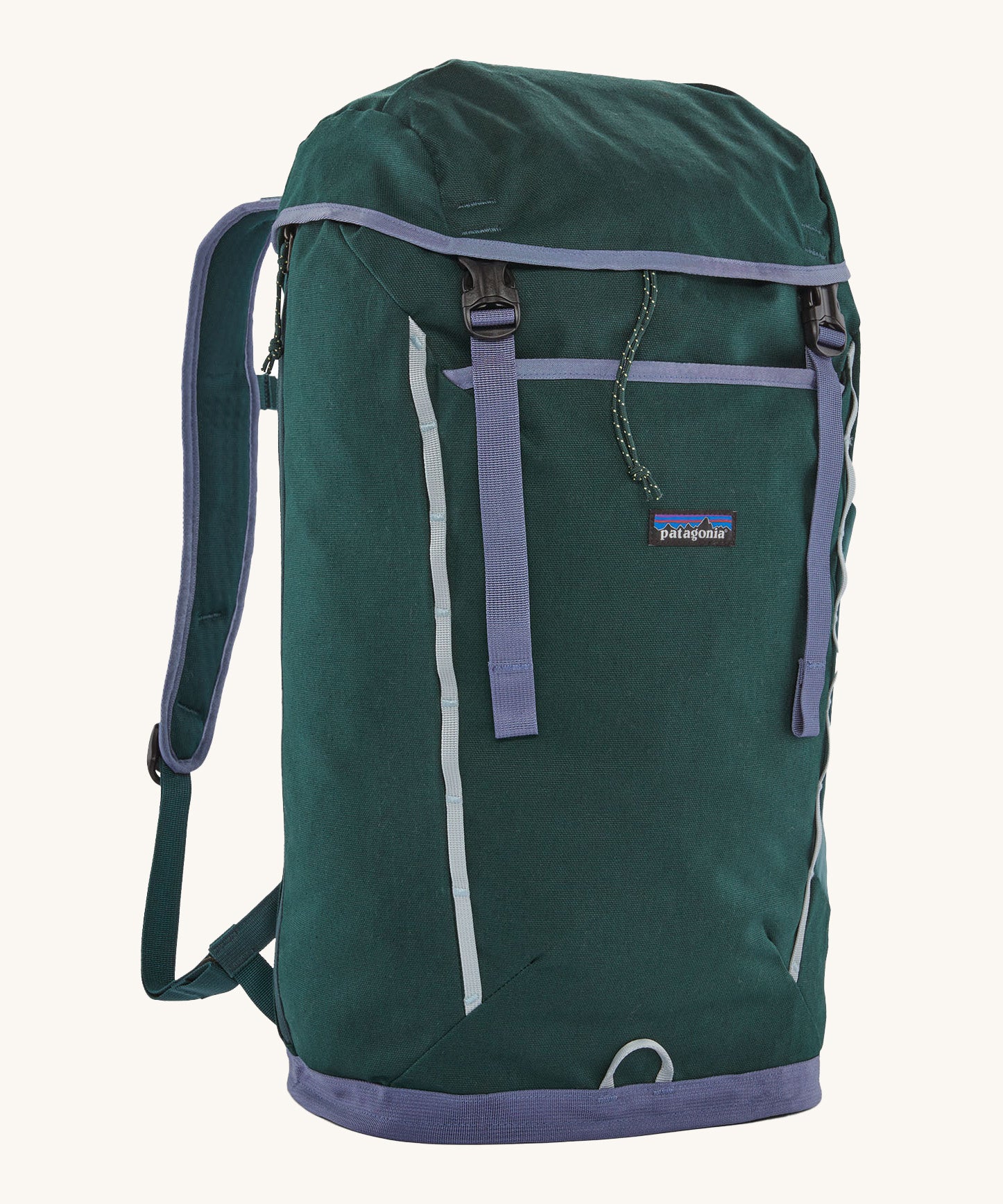 Patagonia lid fieldsmith lid backpack in cascade green. A 100% recycled material backpack in deep green and pale blue detail. Features a lid style top cover with buckle fastenings and padded shoulder straps