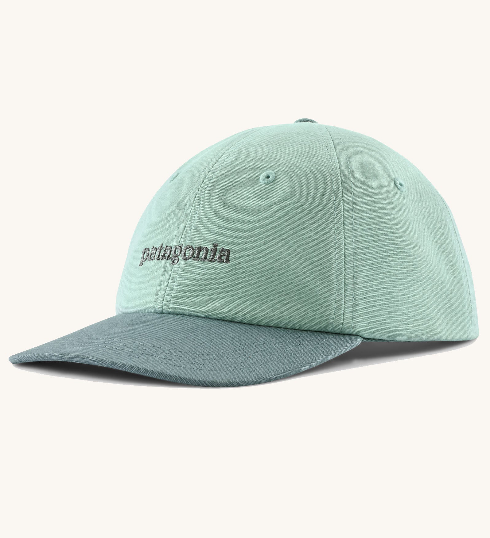 Patagonia organic cotton fitz roy trad cap in mint green with dark green visor brand text on the front. 